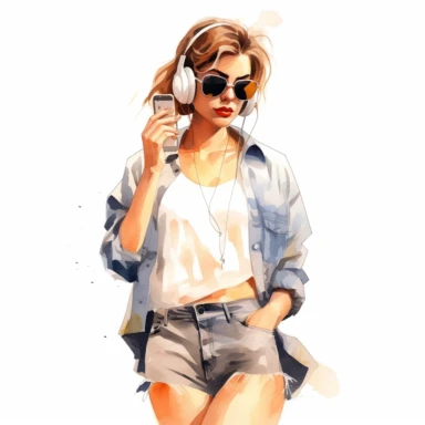 watercolor clipart girl in white shirt with long sleeves and shorts with sunglasses listening to music , white background