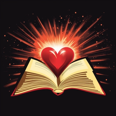 an view of an open bible with a red radiant heart coming out of the pages that is grows in size as it extends out of Bible. I want this in the style of a clip art or a logo.