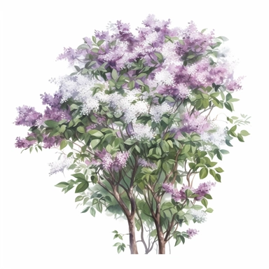 wide, large lilac bush with white and purple flowers, a full lush tall bush with many green leaves, watercolor clipart, bright colors, isolated white background, 8k