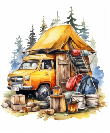 Watercolor painting about camping activities, element, clipart, one by one isolated on tranparent background, no noise, 300 DPI,