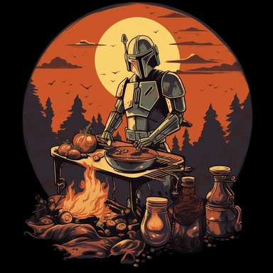 the dad Mandalorian barbecuing A lot of meat with his flamethrower, on old charcoal grill, Clipart, digital sublimation graphics