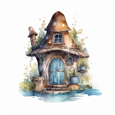 watercolor clipart of a tiny elf house with small details, magical, mystical, celestial, high quality watercolor image on white background