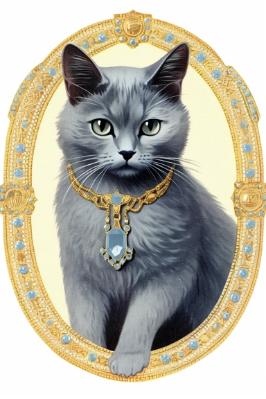 Vintage 1920 Russian Blue Cat with a sleek bluish-gray coat wearing an elegant silver necklace encrusted with shimmering crystals and a matching bracelet Illustration , Chromolithograph, Die Cut, 1920s Illustration, Vintage, Chromolithograph, Colorful, Antique, Ephemera, Clipart, 8k, Isolated on white