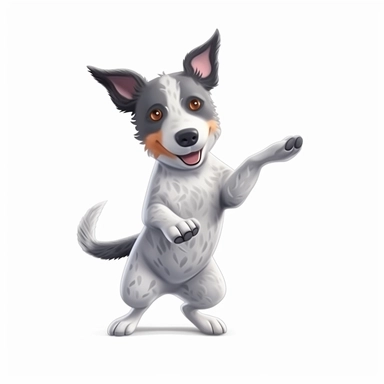 oilpainting, 2d icon of a super cute cartoon cattle dog jumping up to say hello clipart full body, 3d rendering, white background, clean