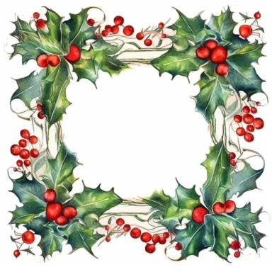 holly and berries and christmas ornaments, square frame of intertwined holly branches, white background, clipart, page border style, watercolor, vintage--q2
