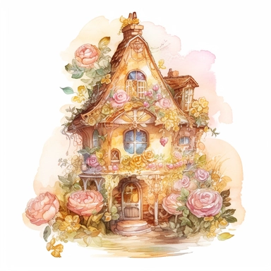 adorable, charming, small, fabulous fantasy Gingerbread house, with sweets, cookies and peony flowers, fairy tale house, ultra detailed, in light pink and yellow colors, mary whyte watercolor art style, clear line, romantism, scrapbooking, clipart