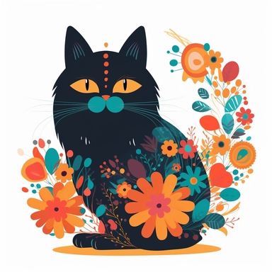 shaggy cartoon style cat, bright colored boho style flowers, silhouette vector flat simple identification symbol white backround white background minimalistic clipart png svg