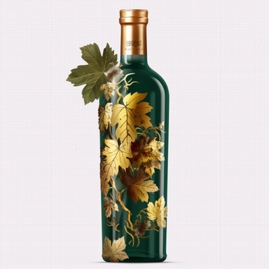 tall and slim dark green wine bottle full of wine classical golden grape leaves decorated clip art on white background k8