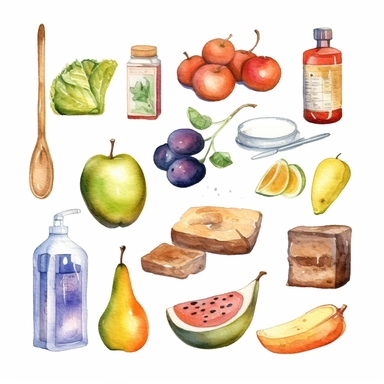 watercolor diabetes related scenes and items , illustrations clipart set, simple, , cartoon elements ,different variants , natural elements, separate elements with a margin, ,4k, high resolution, ,