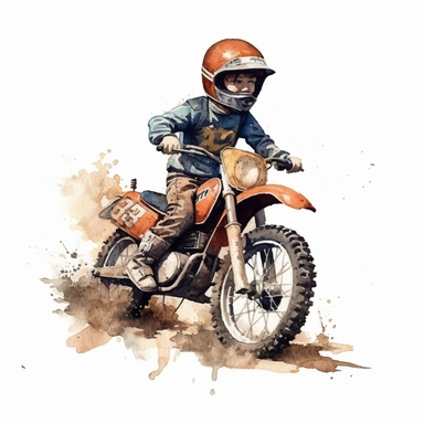 Vintage kids Dirt Bike with a kid riding it on dirt with helmet ,Watercolor,Clipart,Isolated, White background