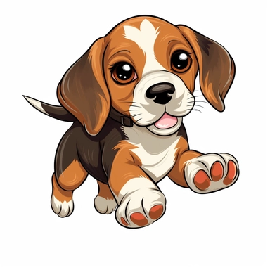 Generate a cute cartoon beagle puppy jumping clipart with a white background. The cat should be facing forward and have large round eyes and a small triangular nose. The ears should be pointy and slightly tilted backwards. The fur should be smooth and have a light pastel color, and there should be no shadows, borders, or watermarks. Please ensure that the image is crisp and sharp