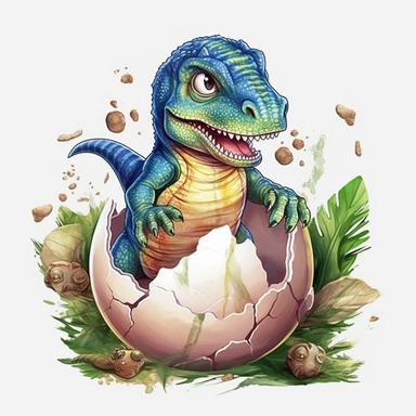 t-rex baby cute dinosaur hatching from egg, realistic, kids cartoon sublimation watercolor clipart design