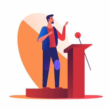 vector design, man speaking from the stage, flat modern illustration, clipart, very simple picture, white background, soft gradient transition, in the style of warm color palette, natural pastel colors, red dark yellow and blue colors, object portraiture specialist, uniformly staged images, animated illustrations