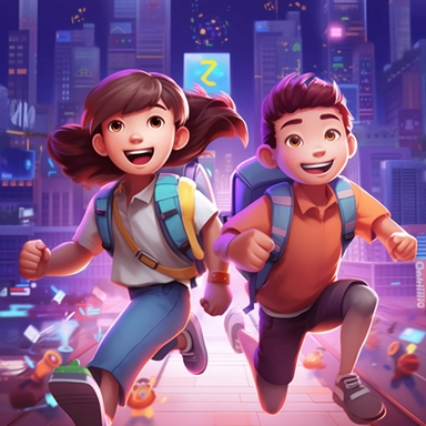 POPMARTstyle, OC renderer,a boy and a girl under 10 years old are depicted in detail from the front, Jumping and running happily with a backpack on their back，The action pose of opening the Bilibili APP logo. wide-eyed, smiling, They are located in a future technology museum, with electronic and lighting elements of the future. The boy has big eyes, wide-eyed,short hair, and wears primarily blue casual sportswear with a smart pen in his hand, School bag. The girl also has big blue eyes, wide-eye