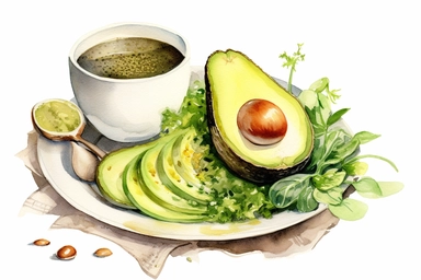 a delightful watercolor, hyper-realistic clipart image with a white background and white margins, showcasing a plate of chopped avocado, boiled egg, boiled asparagus, microgreens. Next to it is a cup of light green tea .The ultra-detailed, hand-drawn elements capture