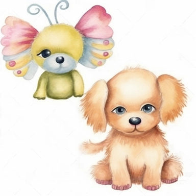 2 cute whimsical puppy cliparts, dogs, Canis lupus, realistic, photorealistic, anatomically accurate, lifelike, doodled by a child, folk art, watercolor texture, soft brush strokes, clipart on white background, high resolution, free margins