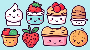 Clipart cartoon ( assorted desserts) outline ,, kawaii style ,on white background