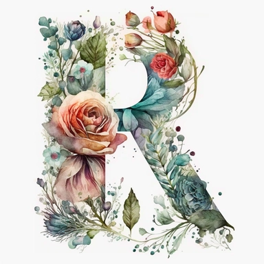 Watercolor botanical flower letter R, clipart, colorful, white background