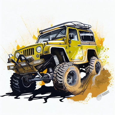 yellow off-road 4x4 vehicle, on a white background, watercolor, Illustration clipart, 4K, extremely detailed