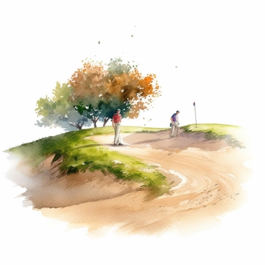 Idyllic watercolor clipart of a golf course sand trap scene with 2 golfers in Springtime, isolated on a pure white background, insane detail,