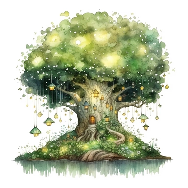 a fairytale style over realistic fairy trees with watercolor effect,green big forest,twinkles,fireflies,suitable for digital clipart,white background Clipart ,Cartoon,hyper realistic, intricate detail, illustration style,high solution,on the white background