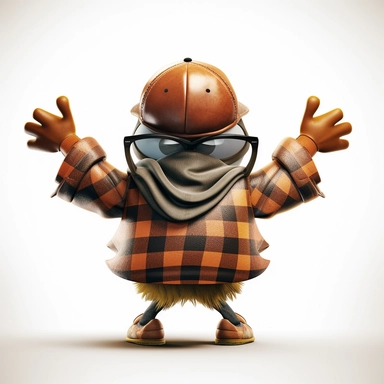 please create pixar style character clipart of an owl dressed like a rapper, back view with arms flexing, head front view