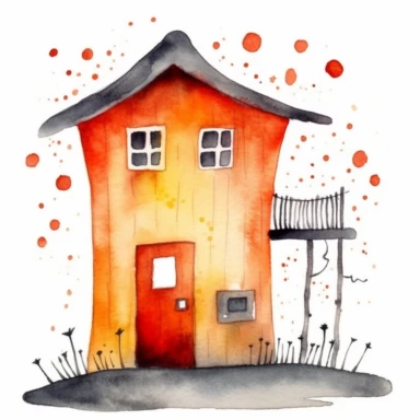 tiny little fairy house with one door and window, watercolor illustration clipart, in the style of orange and red, on white background