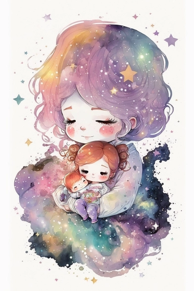 Illustration of chibi mother and baby with pastel galaxy stars, clipart image, watercolor, digital art, sharp edges, no shadow on background, white background