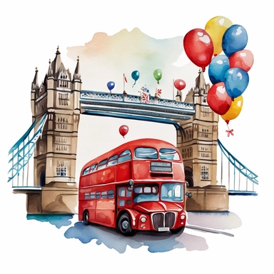 a pixar cartoon red double decker bus with rounded edges driving past perspective view of tower bridge red blue gold balloons an buntings Etsy watercolor clipart svg white background