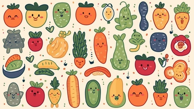 vegetables vector clipart vector vegetables cute animal collection, in the style of #screenshotsaturday, flat areas of color, flat color blocks, 1970–present, rough-edged 2d animation, lightbox, colorful animation stills