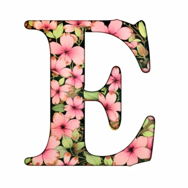 clipart of a thin black letter C decorated with cherry blossoms and leaves on a white background, the cherry blossoms are pink and the leaves are green, the letter is D in the style of stylistic, elegant, celebratory, familial, congregatory