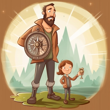 brave father standing near the compass, vector art, clipart