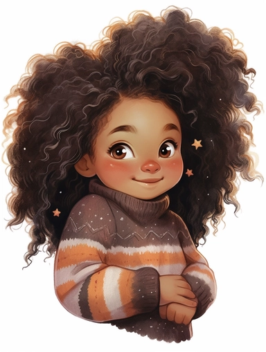 isolated images, illustrations on a white background, Clipart,Cute little girl, curly black hair, big wide eyes,big head, small body art, by Ilon Wikland, storybook illustration, winter wonderland, happy, kids book, story for children