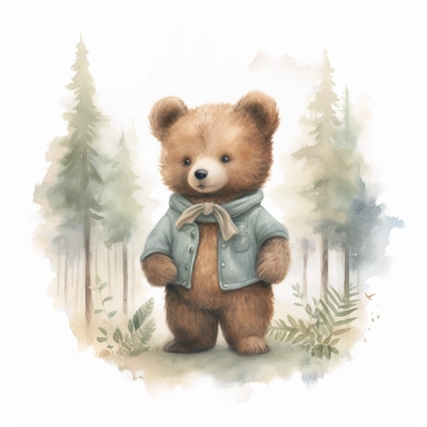 little baby brown bear,neutral nursery art,cute bear, Baby attire,intricate,disney, baby light green,baby light blue, baby light ocher,hairy, cotton, beautiful trees,enchanted Forest,realism, watercolor painting, enchanted Forest, solid background, white background, vintage outfit, oil painting, photobashing, tattoo design,clipart--v 5.1