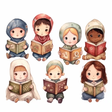 Many different nationality Cute little children reading a book, folk art, watercolor, clipart elements, kawaii, white background
