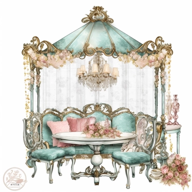Make a clipart of a shabby chic, fairytale watercolor victorian breakfast nook, bright pastel colors of turquoise, green and pink, gold accents, rococo, black outlines, hd, white background