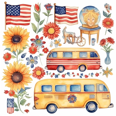 watercolour graphics collection including 4th of July cliparts: USA flag, cow in a USA flag bandana, hippy bus, American map in the American flag colours, cowboy boots with American flag colours, sunflower bouquet with the American flag, white background, in the style of emily balivet, soft, blended colors, contrasting colors, kawaii manga, floral explosion, vector, cartoon animated
