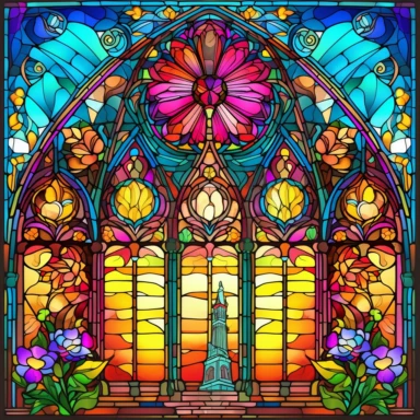 an intricate stained glass window design clipart, in the style of art nouveau, #screenshotsaturday, reimagined religious art, multiple shapes,islamic art and architecture, no background, vibrant colors, sunshine coming in through the glass, flowers at the bottom, dramatic lighting