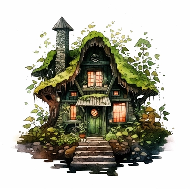 clipart of a dark goblin cottage in the deep forest surrounded by moss and fern, illuminated from inside, in the dark green and black, goblincore, fantasy, romantic, watercolor illustration, children book illustration, no splashing, high detailed, isolated on flat white background