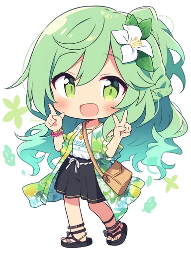 cute anime chibi girl, beach style, green hair, upbeat attitude, clipart, no background