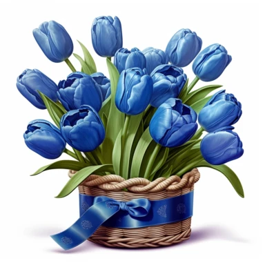 clipart of blue tulips in a basket, in the style of uhd image, high detailed, stock photo, colorful realism, ornate still lifes, isolated on flat white background