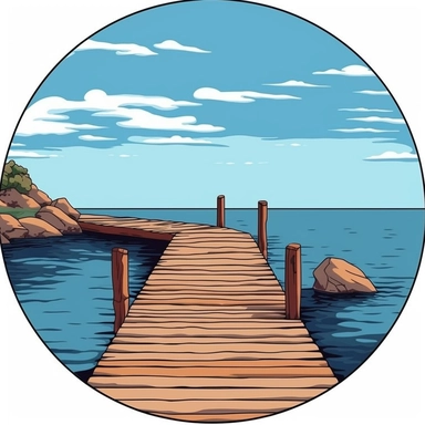 clipart picture of a dock, shore of beach, white clean edged circular background, clean lines and edges