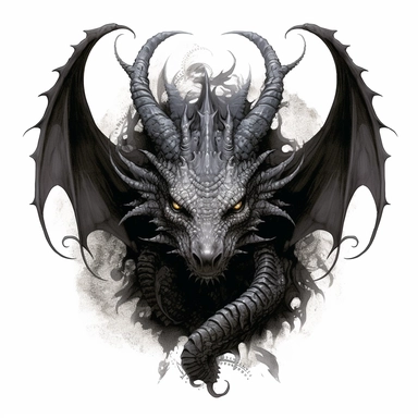 dragon of darkness tattoo design by twilight designs, in the style of david nordahl, jean-baptiste monge, farel dalrymple, fantastical street, high resolution, imaginative characters, dark colors, clipart, blank white background