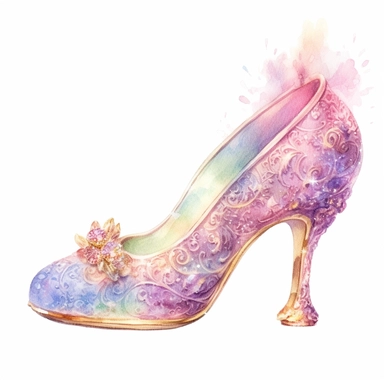 Light watercolor style, Fairycore clipart shimmery, a Glass slippers , dreamy aesthetic, pinks, purples, golds, greens, intricate, single object, print on demand image, PNG transparent background, white background for removing background - - no text shadow font watermark, 8k