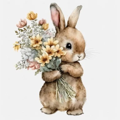 Little bunny holding flowers, clipart, High Quality, white background, Watercolor