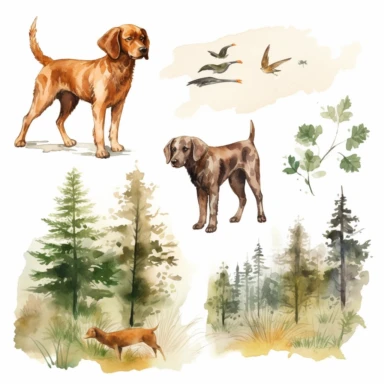 watercolor hunting scene in forest or fields on white background with setter and pointer dogs pointing , illustrations clipart set, simple, , cartoon elements ,different variants , natural elements, separate elements with a margin, ,4k, high resolution, , natural colors, green tones, earthy tones