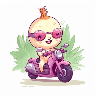 Create a clipart of a cute vegetable onion riding a motorcycle. Pastel colors. Kawaii style. White Background, soft lighting.