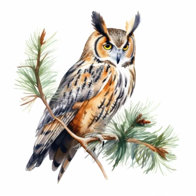Create a watercolor-style Long-Eared Owl clipart, focusing on its slender body, each feather meticulously drawn, and the calm amber gaze that engages the viewer. It should perch on a detailed pine branch, each pine cone and needle finely depicted, standing out against the pure white background.