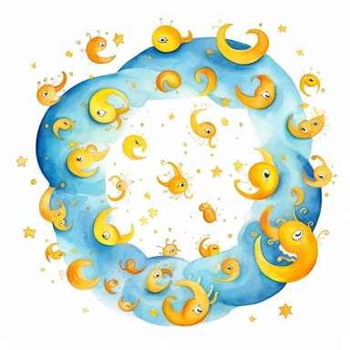 a lot of little yellow suns and blue clouds flying in a spiral. Pixar childrens book cartoon style, detailed, modern, urban, watercolor, full color, flat color, white background, children book illustration. Watercolor clipart. Pixar animation