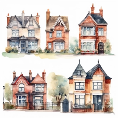 watercolor semi detached london houses , illustrations clipart set, simple, , cartoon elements ,different variants , separate elements with a margin
